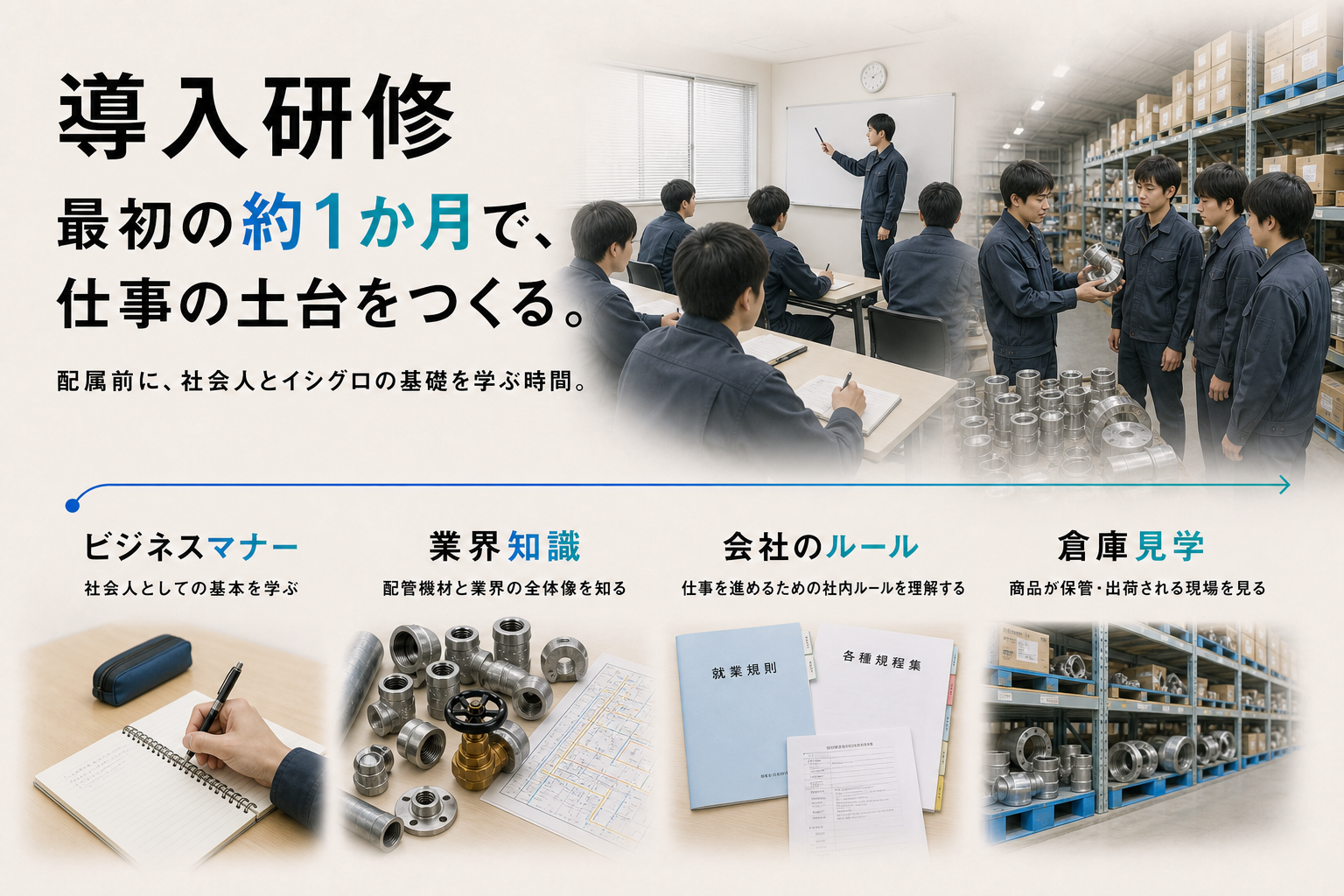 約1か月の導入研修で学ぶ、ビジネスマナー、業界知識、会社のルール、倉庫見学