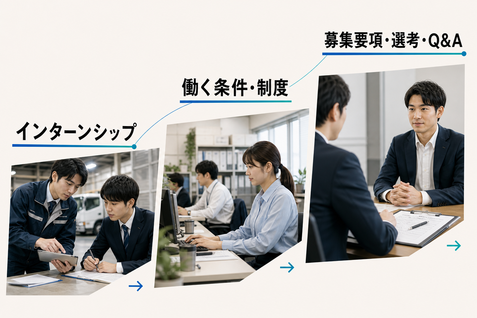 インターンシップ、働く条件・制度、募集要項・選考・Q&Aの三つの進路。