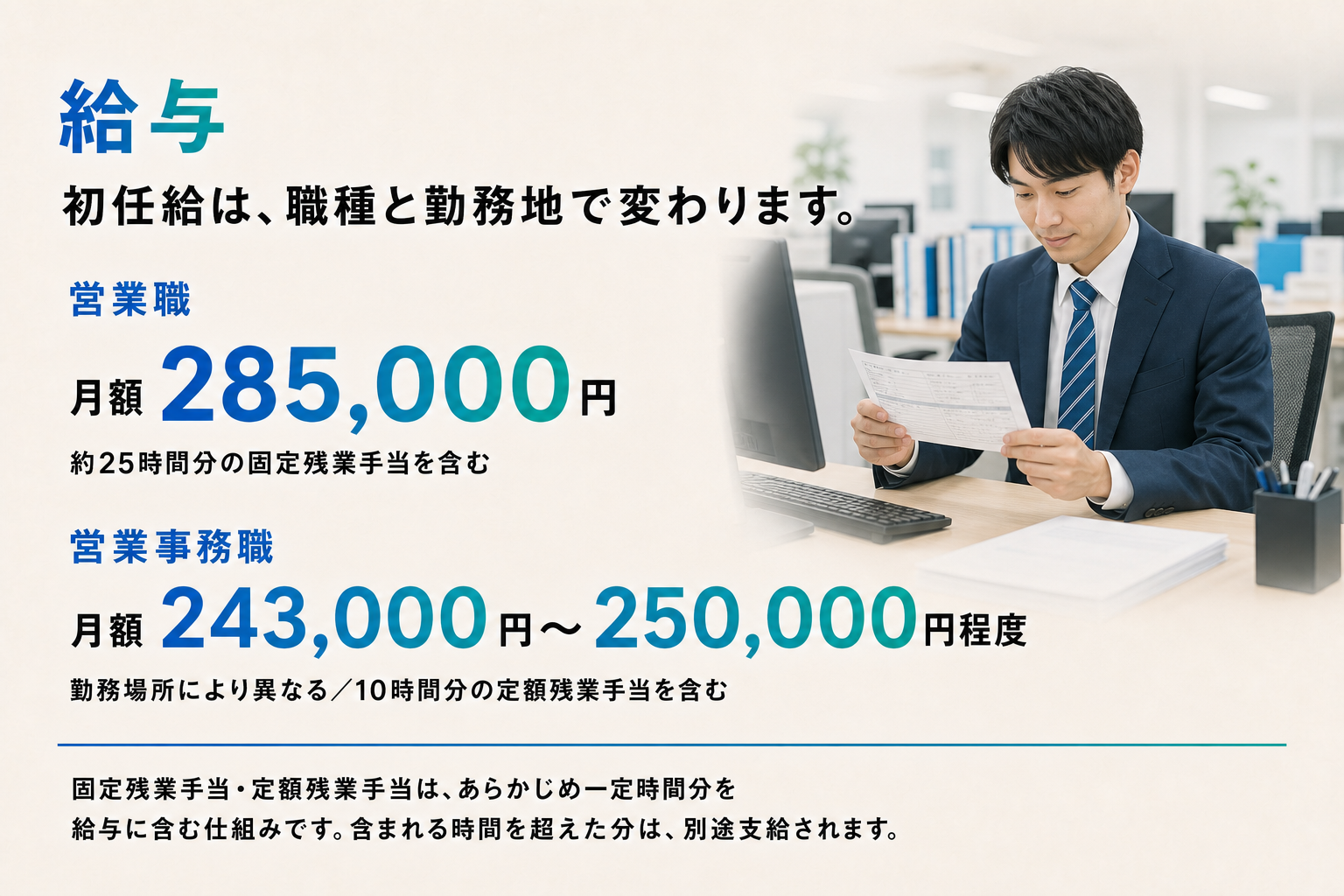 営業職と営業事務職の初任給、固定残業手当の意味