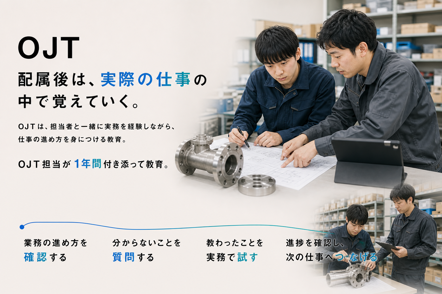 OJT担当と1年間、実務を確認し、質問し、試し、進捗を確かめながら仕事を覚える