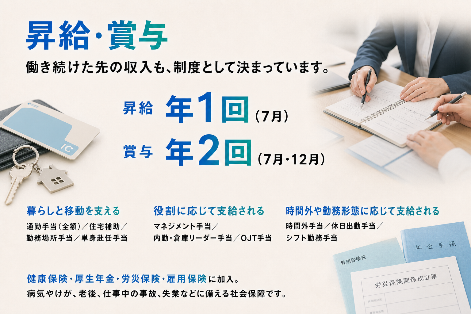 昇給、賞与、各種手当、社会保険が支える内容