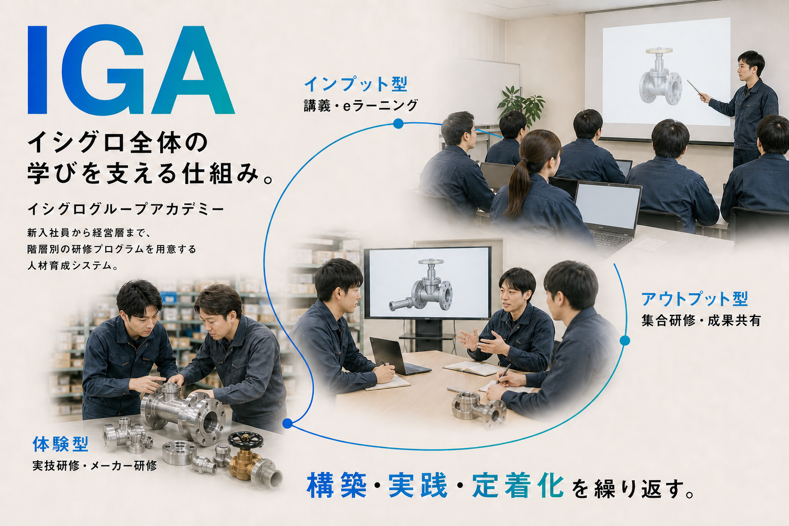 イシグログループアカデミー。インプット型、アウトプット型、体験型の教育を通じて学ぶ