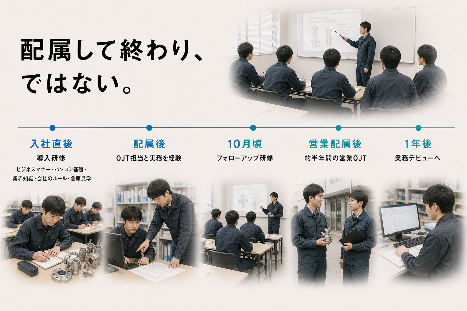 入社直後の導入研修、配属後のOJT、10月頃のフォローアップ研修、営業配属後の約半年間の営業OJTを経て業務デビューへ進む