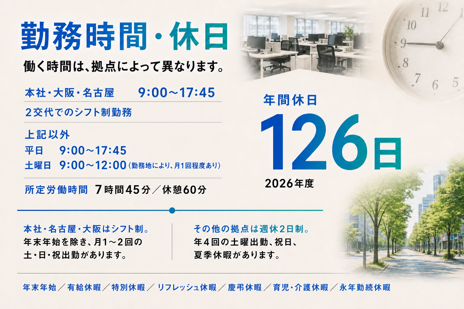 拠点別の勤務時間、年間休日126日、休日体系と休暇