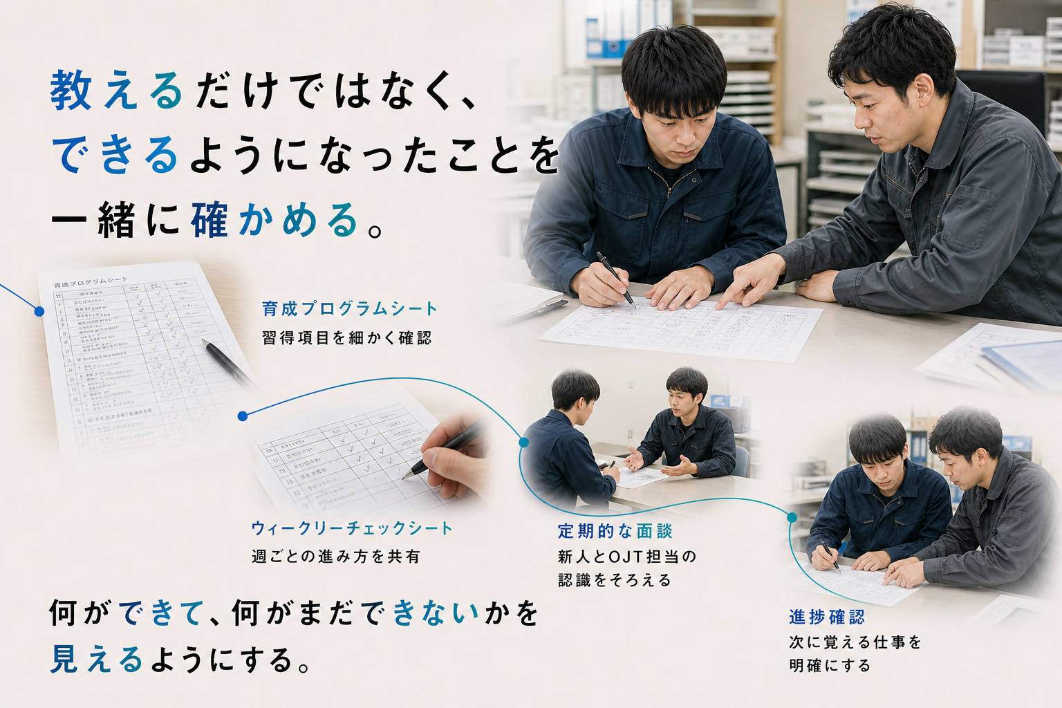 育成プログラムシート、ウィークリーチェックシート、定期面談、進捗確認によって習得状況を見えるようにする
