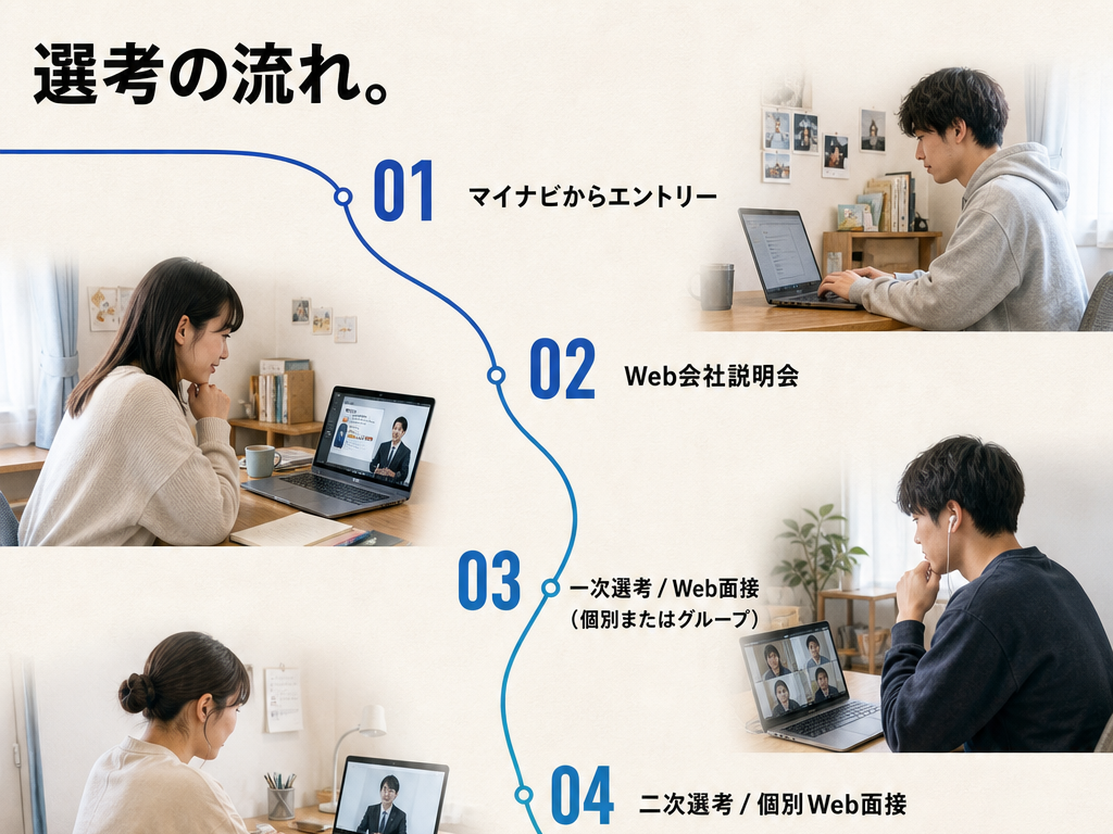 マイナビからのエントリー、Web会社説明会、一次Web面接、二次個別Web面接へ続く選考の流れ