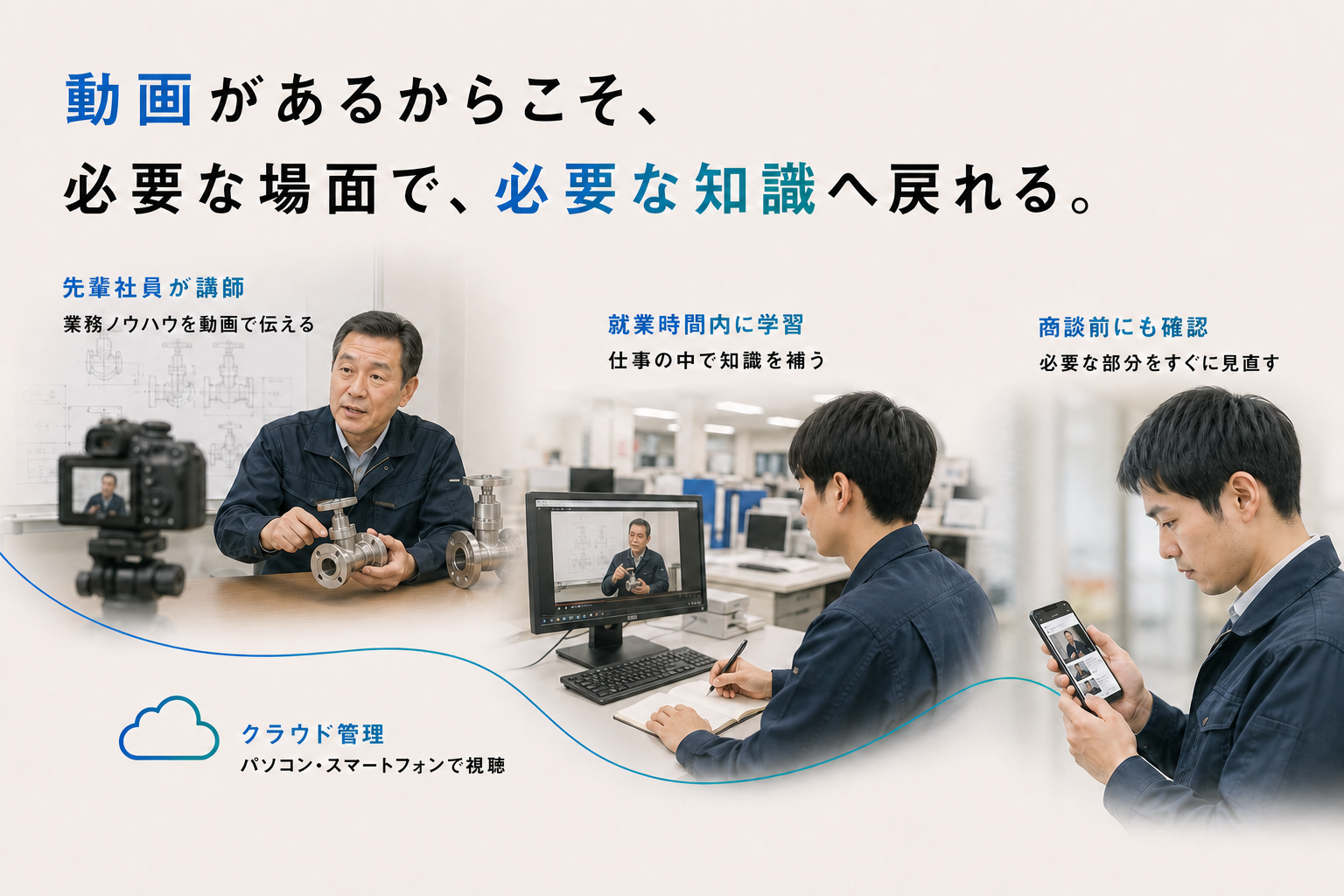 動画があるからこそ、先輩社員の業務ノウハウを就業時間内に視聴し、商談前にも必要な知識を確認できる