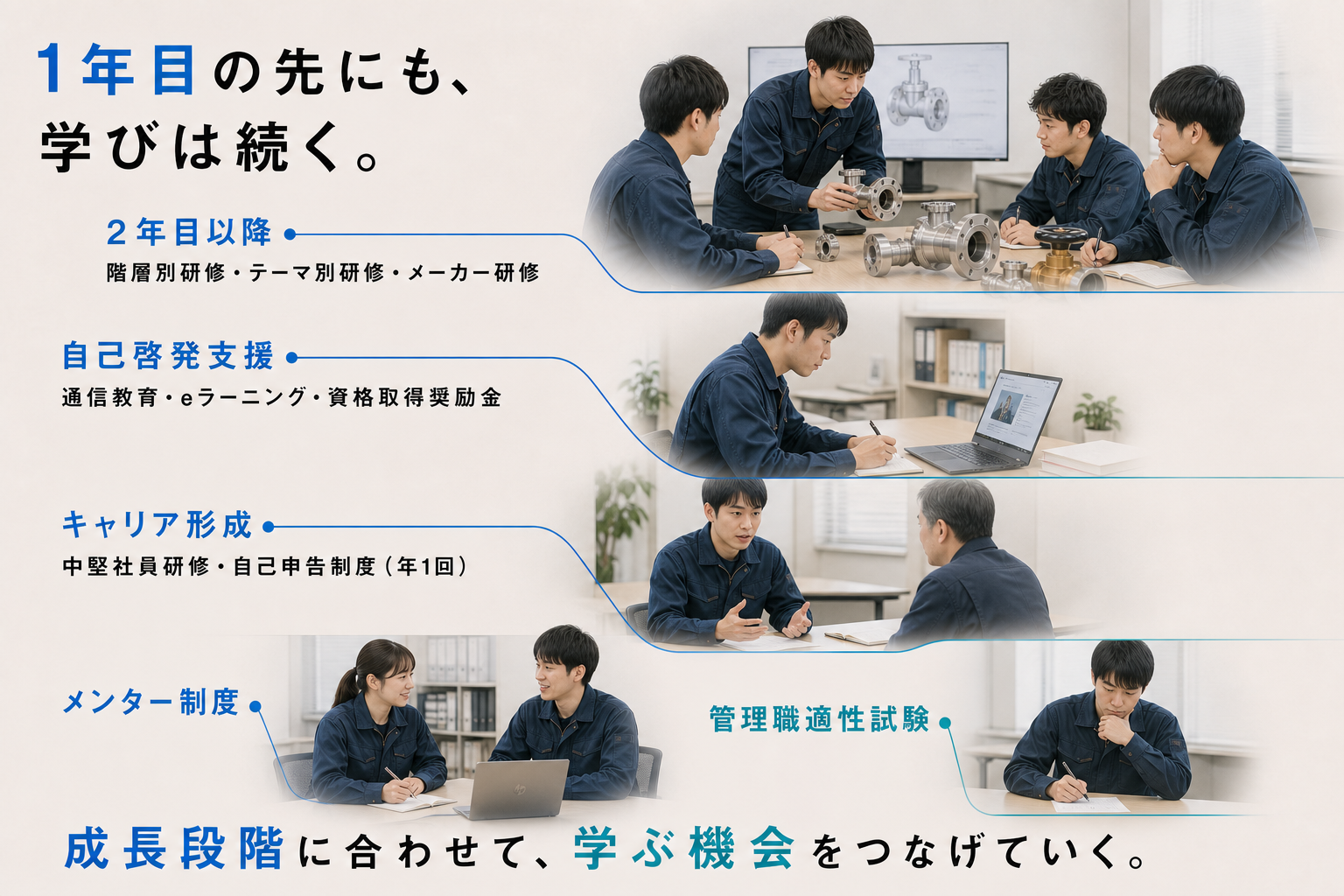 2年目以降の各種研修、通信教育、資格取得奨励金、中堅社員研修、自己申告制度、メンター制度、管理職適性試験