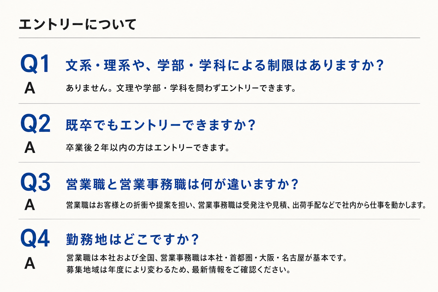 エントリー条件、既卒、職種の違い、勤務地に関するQ&A