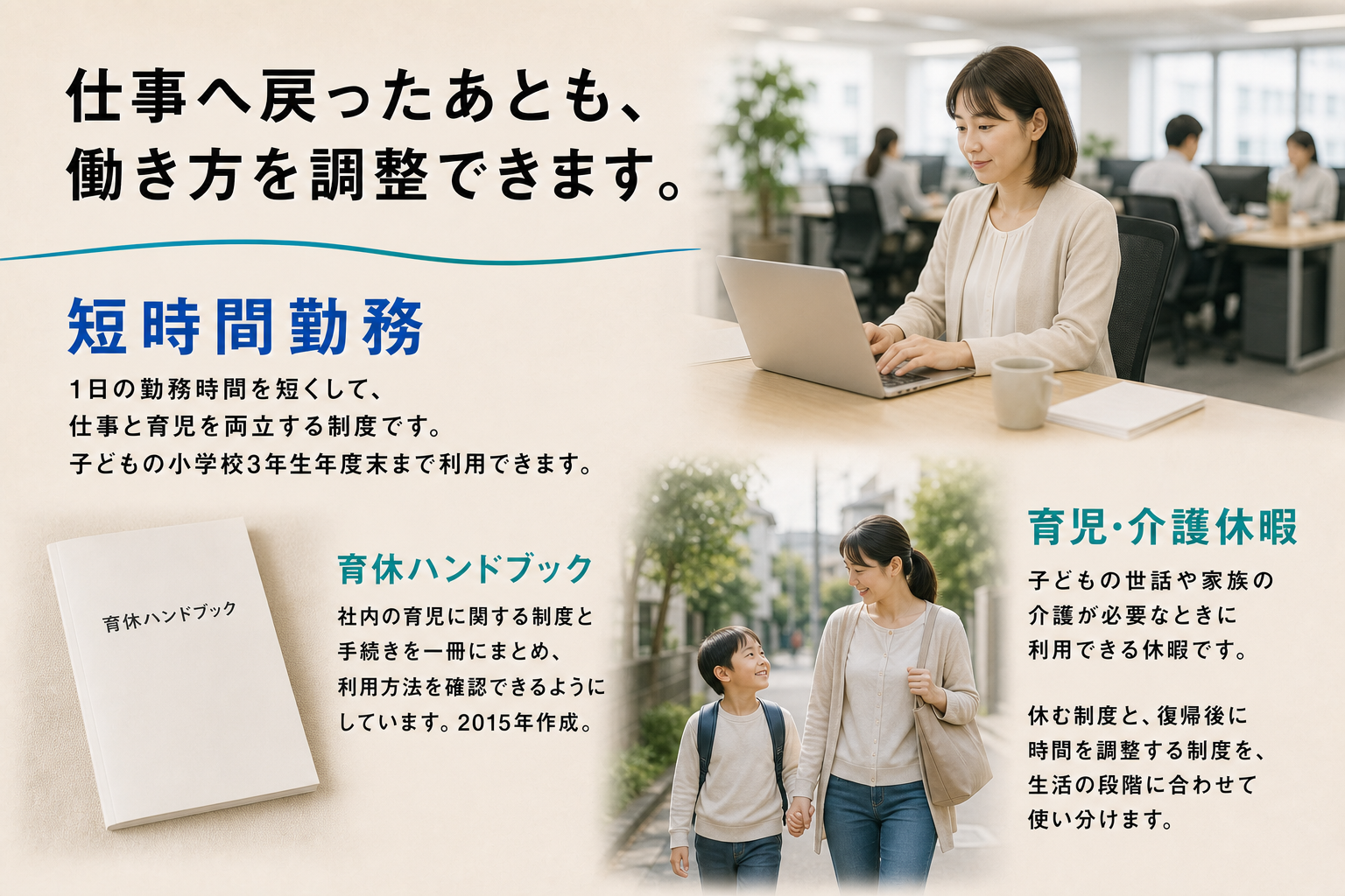 復帰後の短時間勤務、育休ハンドブック、育児・介護休暇