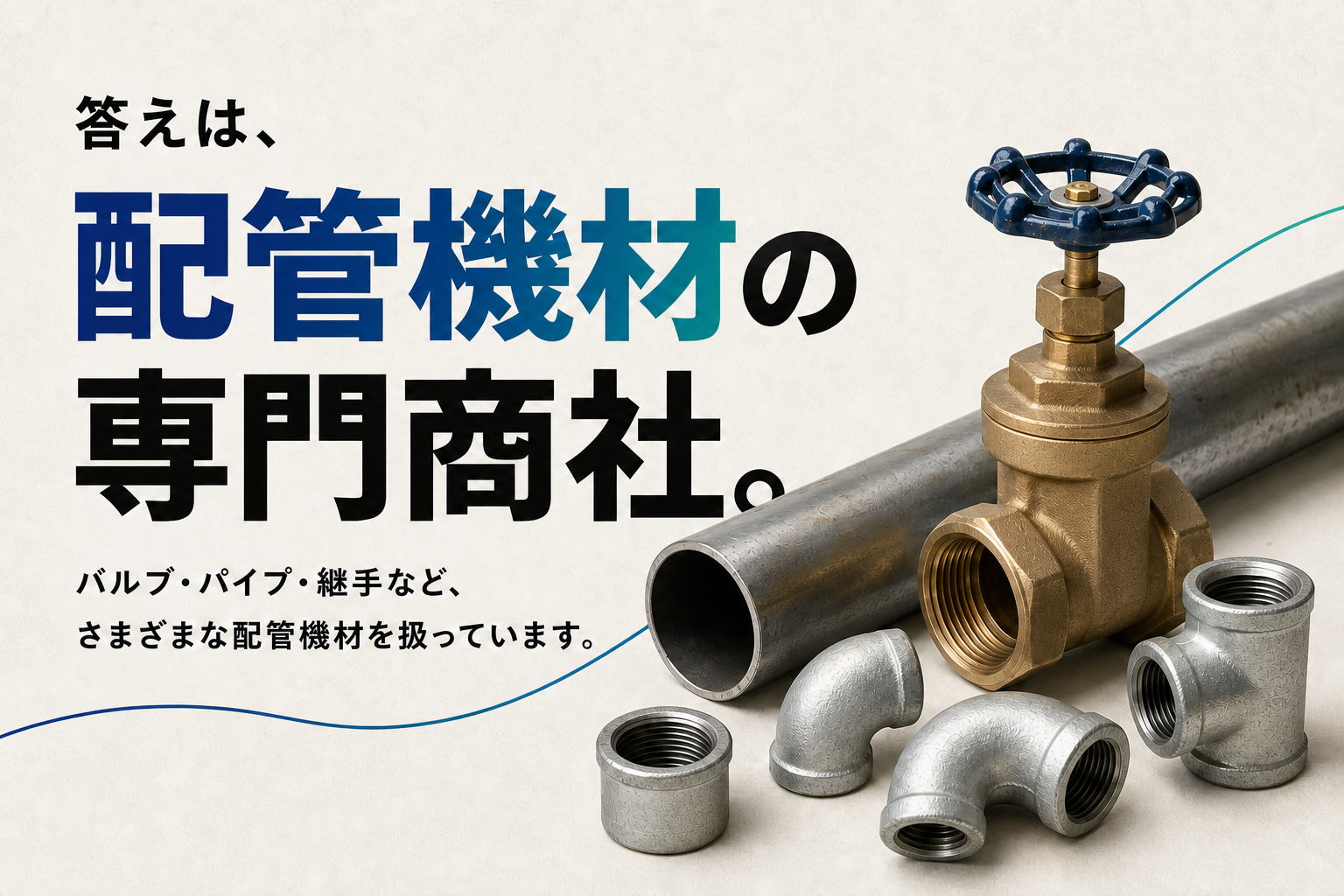 答えは、配管機材の専門商社。バルブ・パイプ・継手など、さまざまな配管機材を扱っています。