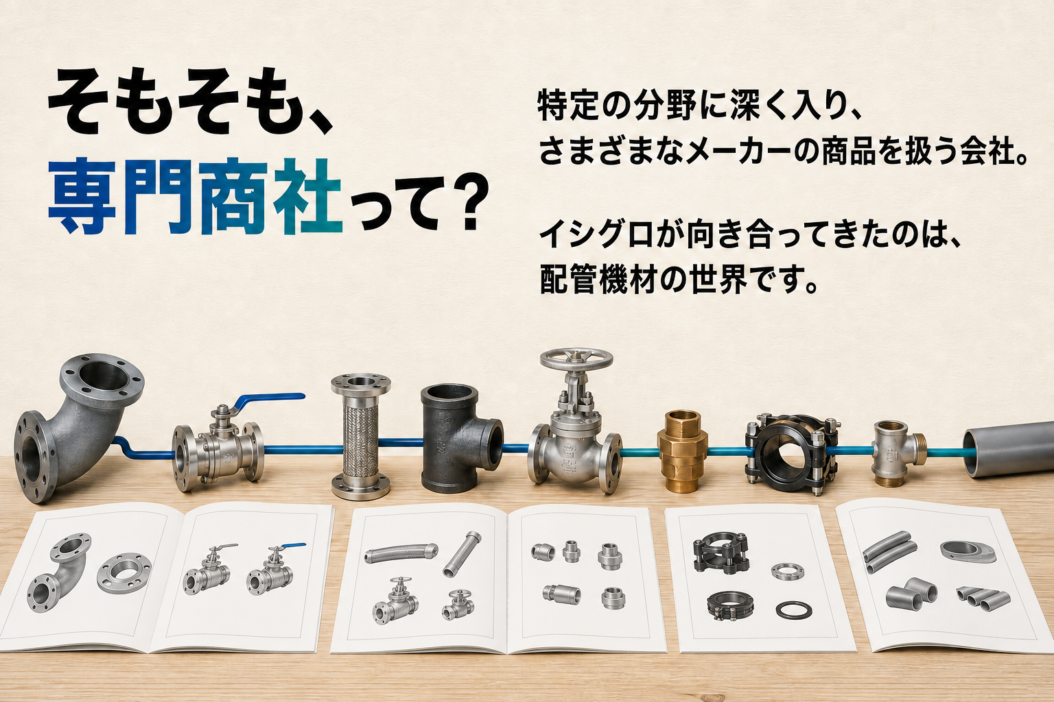 専門商社とは、特定の分野に深く入り、さまざまなメーカーの商品を扱う会社。イシグロが向き合ってきたのは配管機材の世界です。