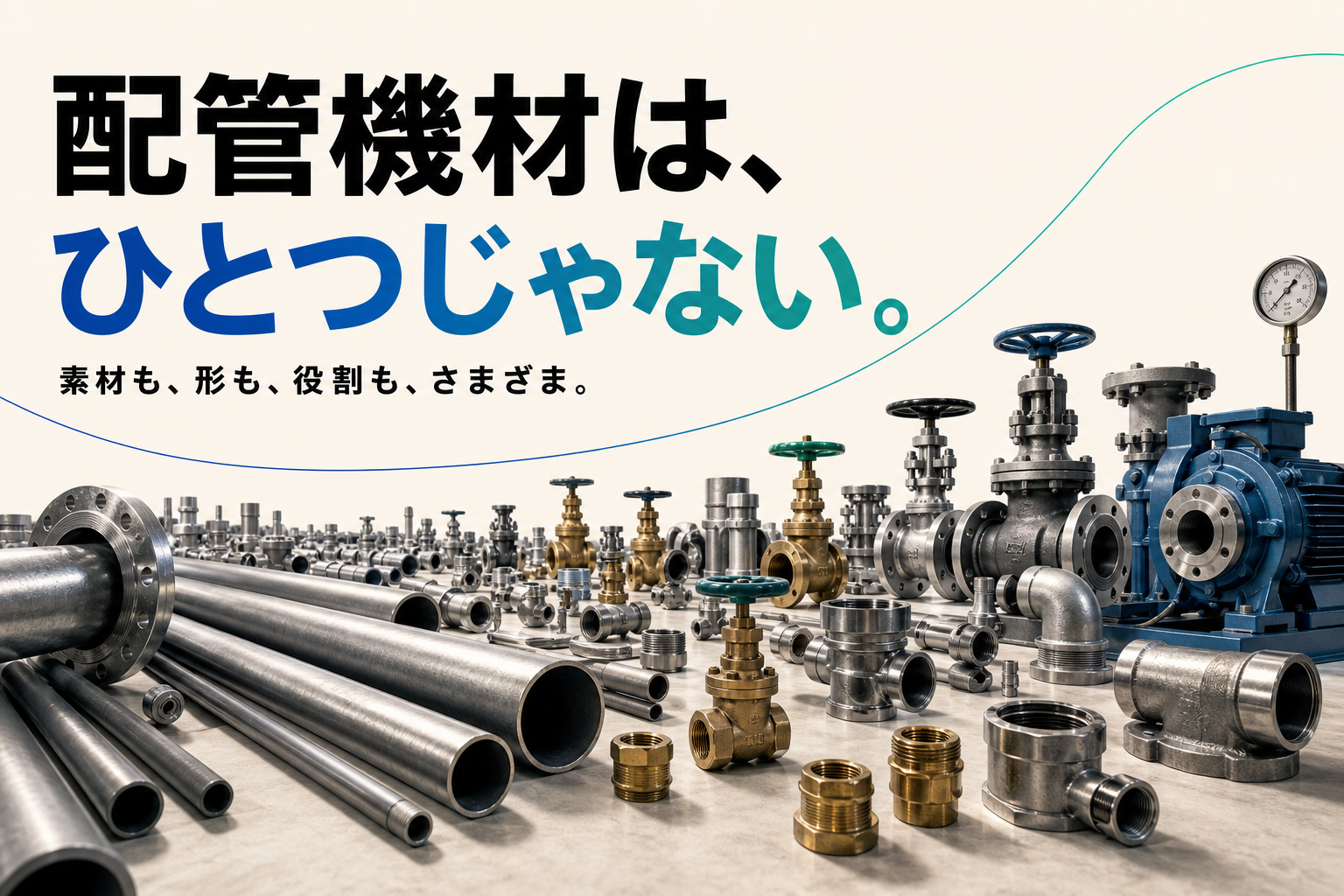 配管機材はひとつではなく、素材も形も役割もさまざまです。