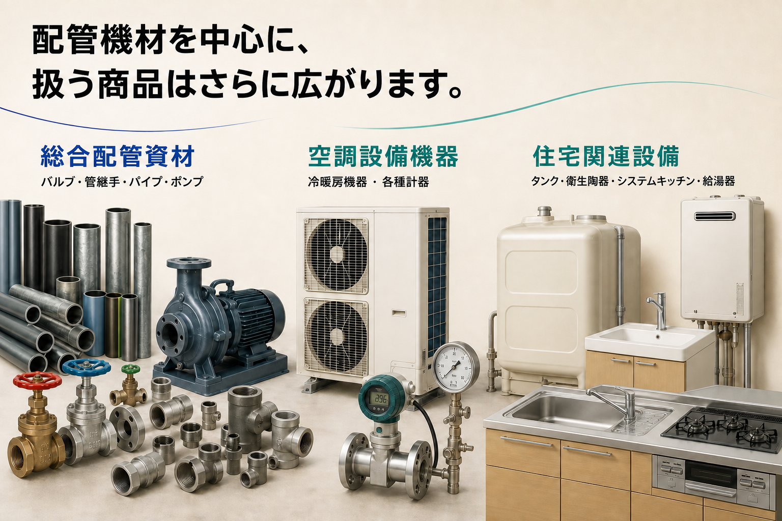 総合配管資材、空調設備機器、住宅関連設備など、配管機材を中心に扱う商品は広がっています。商品写真は提案用イメージです。