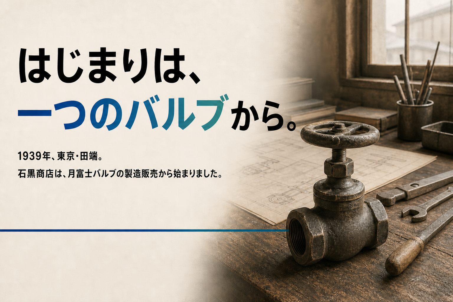 はじまりは一つのバルブから。1939年、東京・田端で石黒商店が月富士バルブの製造販売から始まりました。