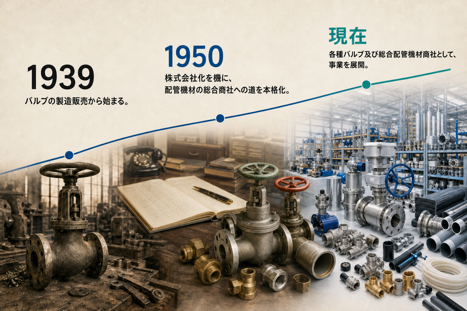 1939年のバルブ製造販売から、1950年の株式会社化を機に配管機材の総合商社への道を本格化し、現在へ続いています。