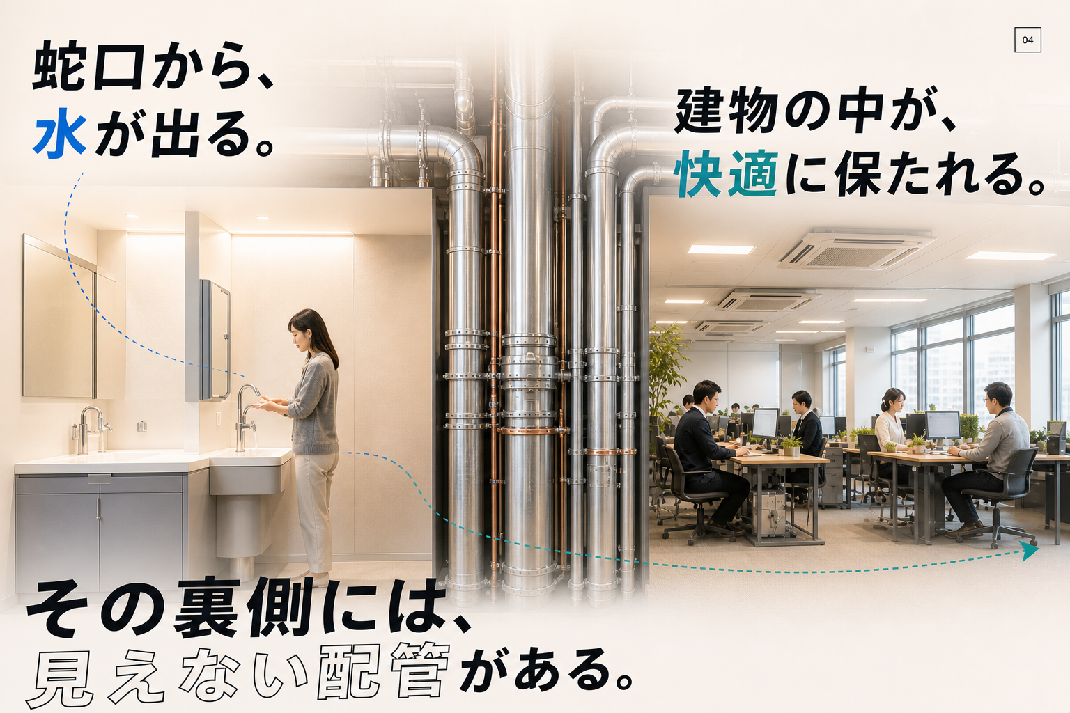 蛇口から、水が出る。建物の中が、快適に保たれる。その裏側には、見えない配管がある。