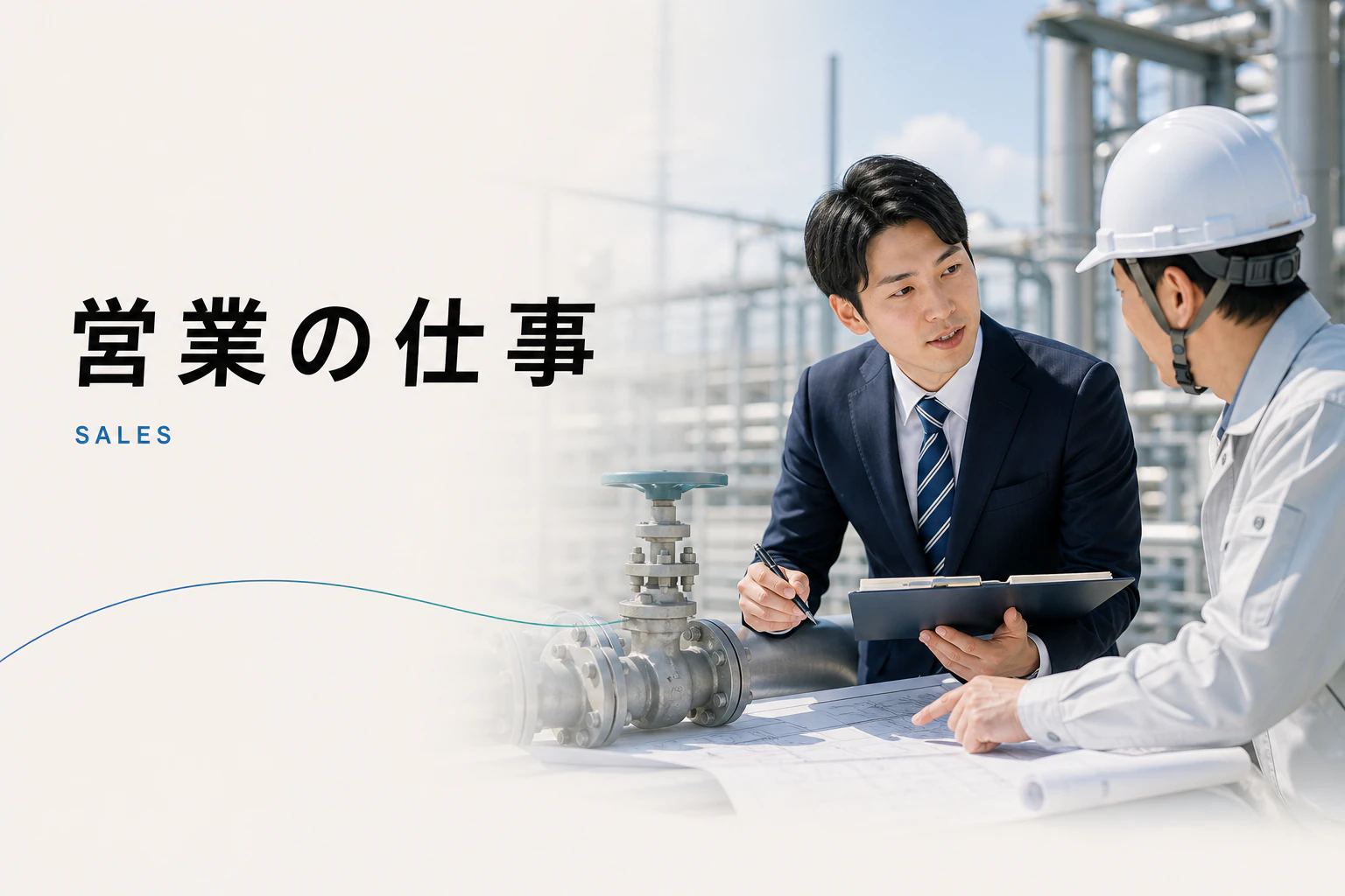 配管機材が使われる現場を背景に、お客様と向き合う営業の仕事を示す導入ビジュアル