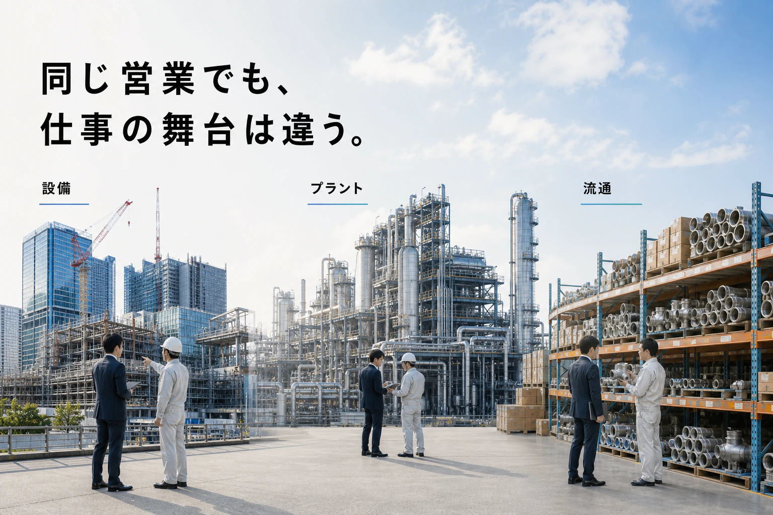設備、プラント、流通という三つの営業領域の異なる仕事の舞台