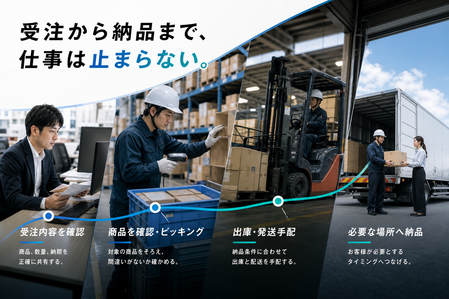 受注内容の確認から商品確認、ピッキング、出庫、発送手配、納品まで